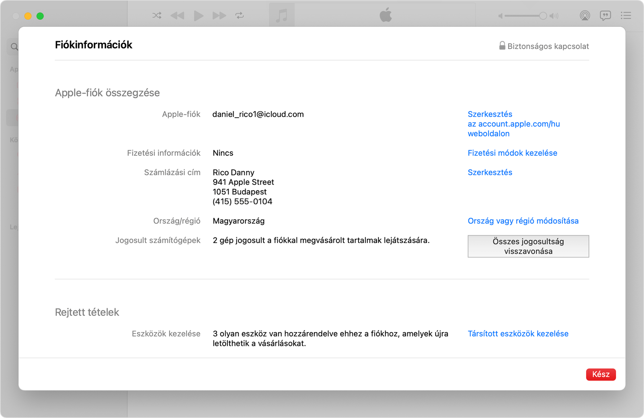 Az Apple Music alkalmazás egy Macen, amelyen a Fiókadatok oldal és a feljogosított számítógépek száma látható