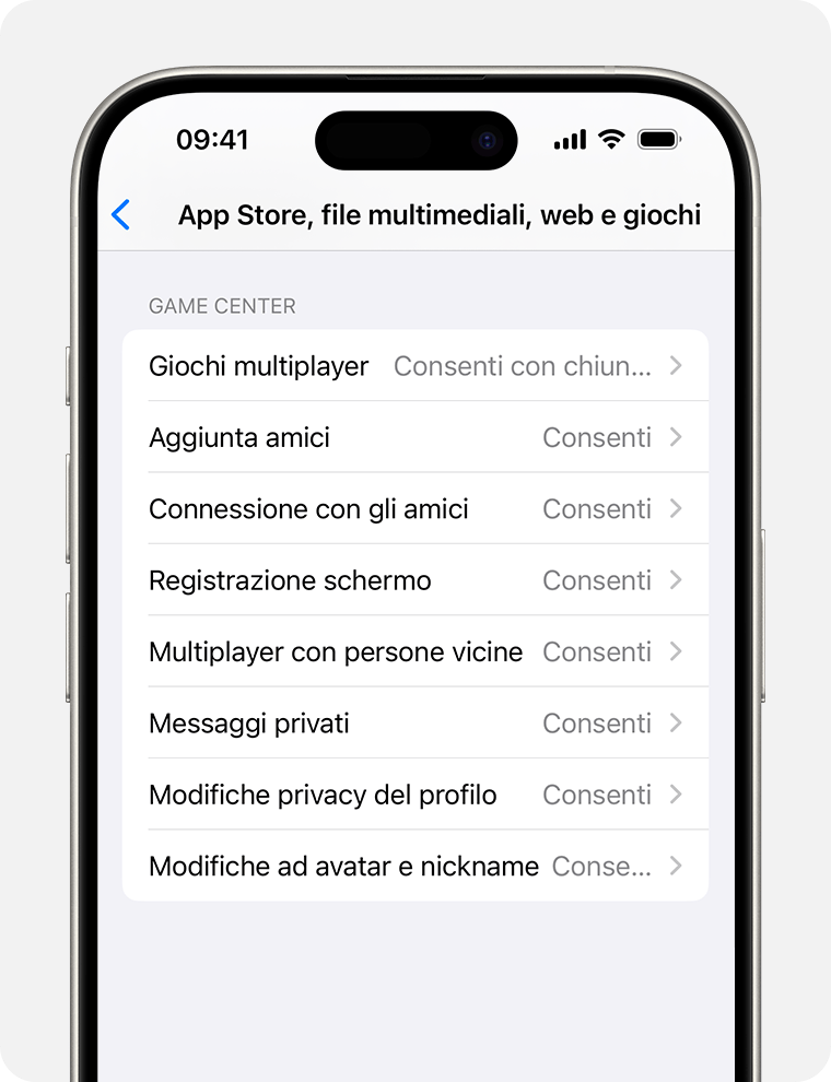 Schermata di iPhone che mostra le opzioni per i controlli parentali di Restrizioni dei contenuti