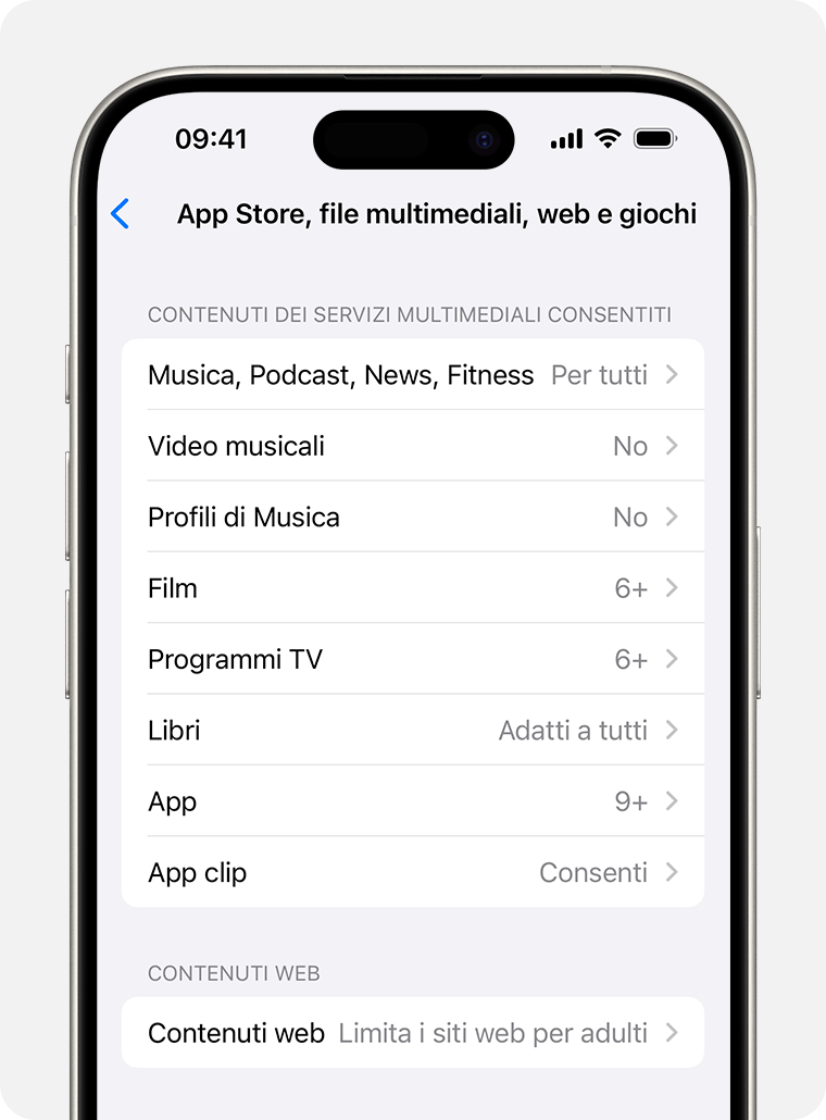 Schermata di iPhone che mostra le opzioni di Restrizioni dei contenuti