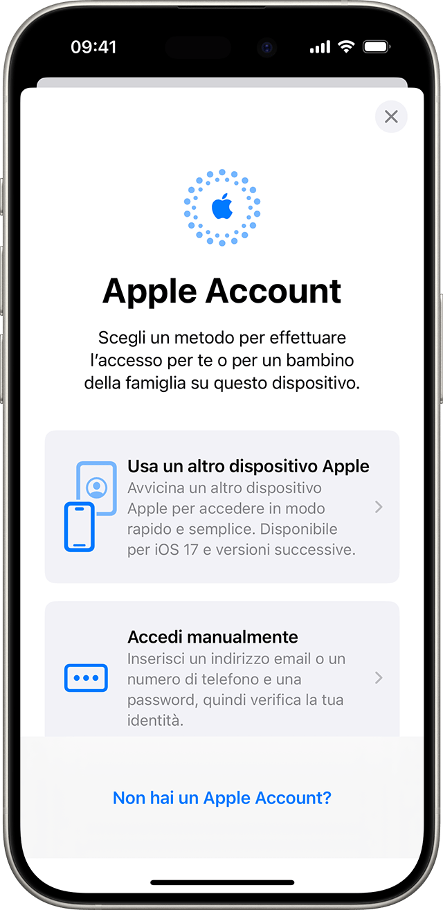 Nelle impostazioni dell'iPhone, puoi accedere manualmente con il tuo Apple Account o utilizzare un altro dispositivo Apple.