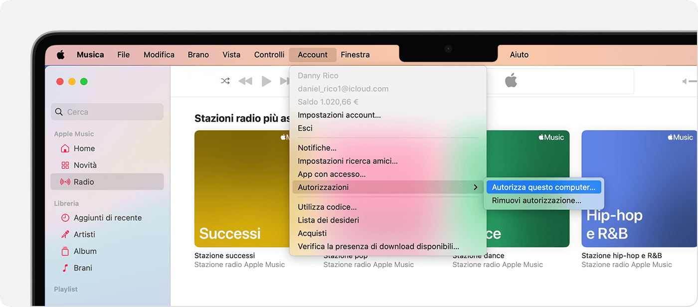 App Apple Music su Mac che mostra Autorizza questo computer o Rimuovi autorizzazione per questo computer