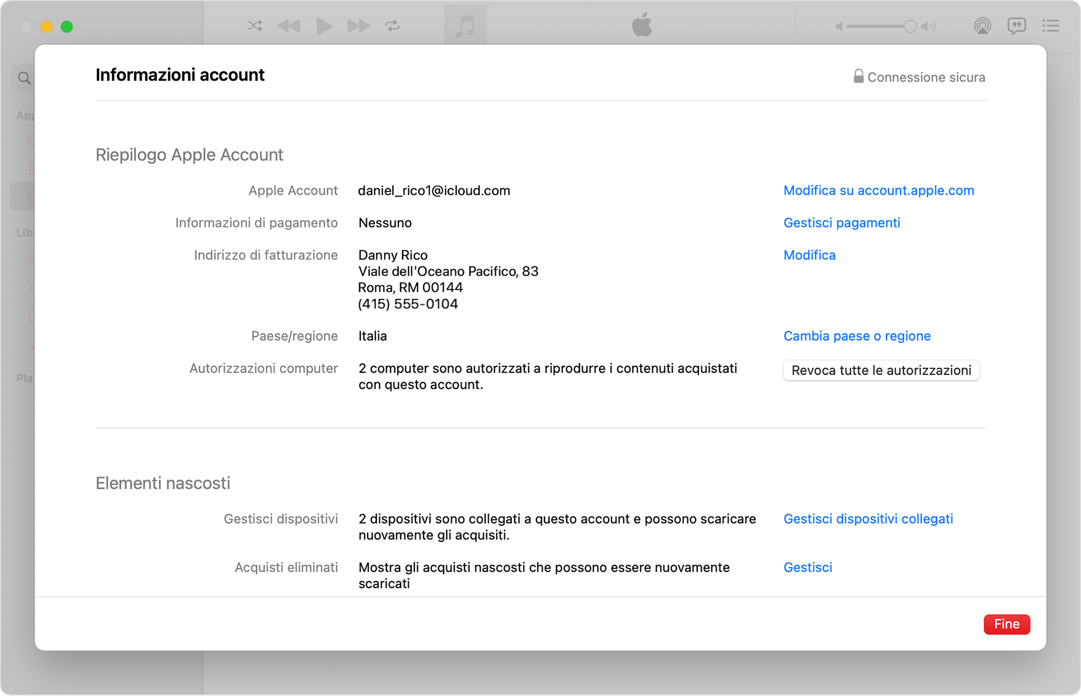 App Apple Music su Mac che mostra la pagina Informazioni account e il pulsante Rimuovi autorizzazione per tutti