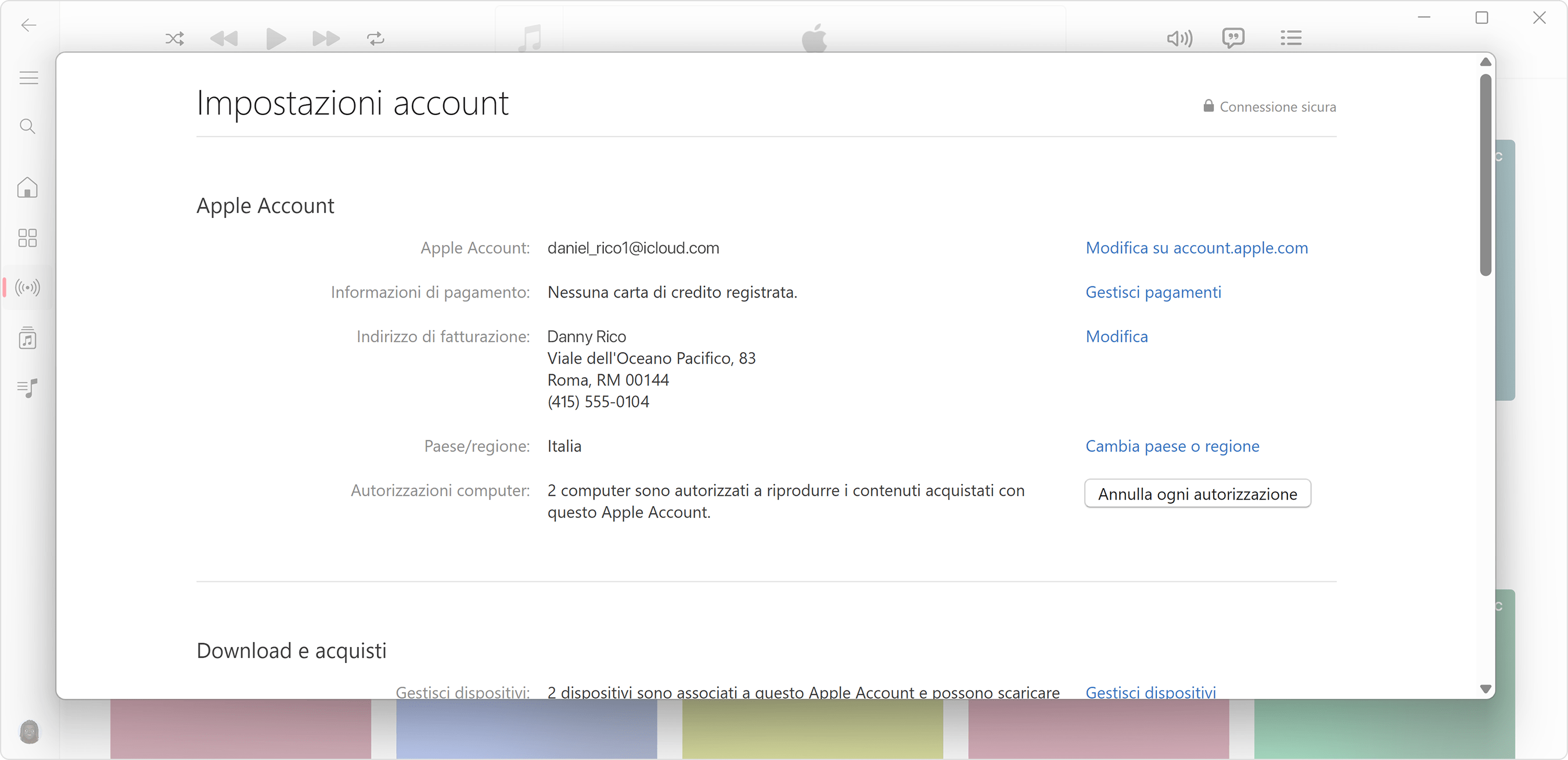 App Apple Music per PC Windows che mostra la pagina Informazioni account e quanti computer sono autorizzati