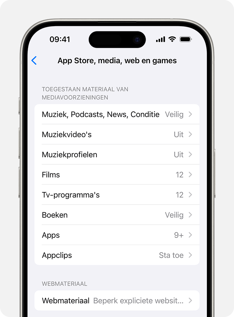 iPhone-scherm met opties voor beperkingen voor materiaal