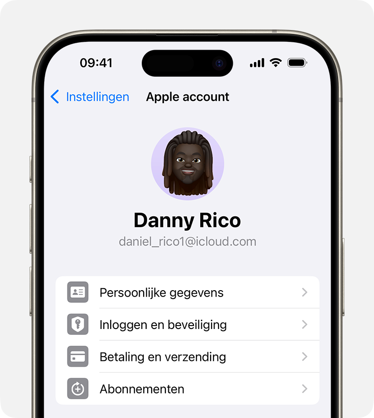 Apple Account-instellingen in de app Instellingen op een iPhone.