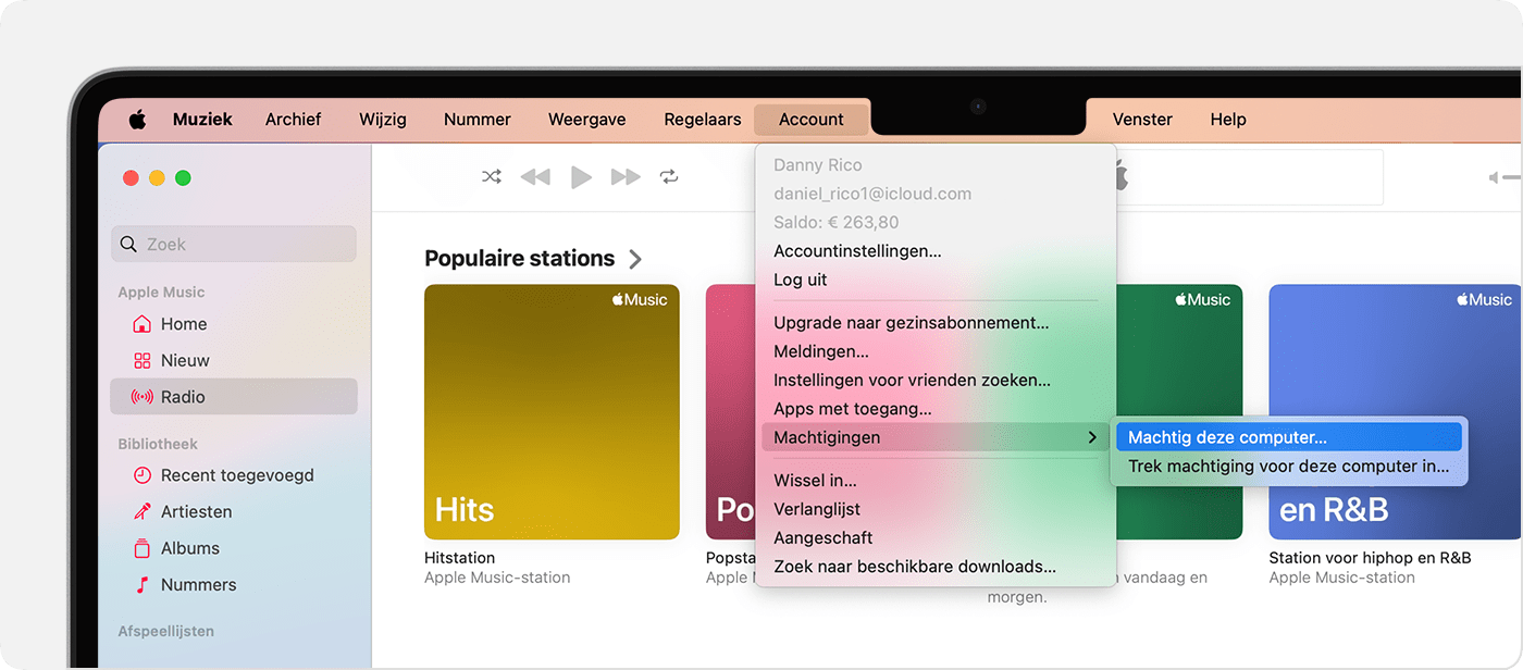 Apple Music-app op Mac met 'Machtig deze computer' of 'Trek de machtiging van deze computer in'