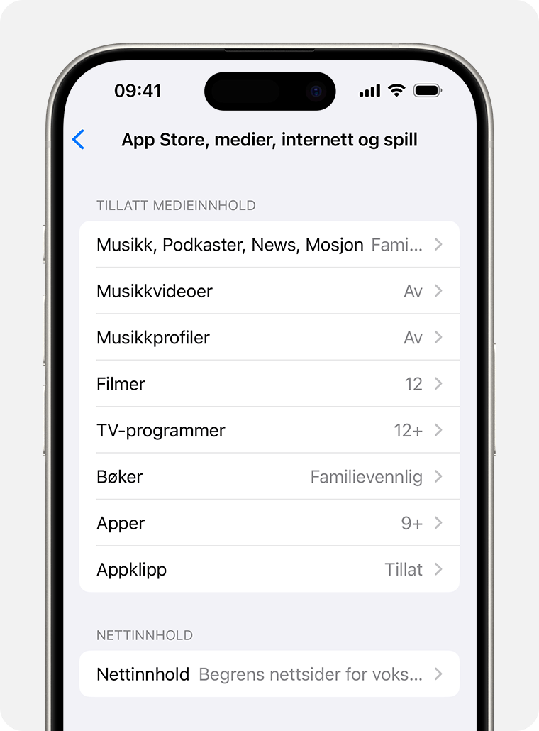 iPhone-skjerm som viser alternativer for Innholdsrestriksjoner