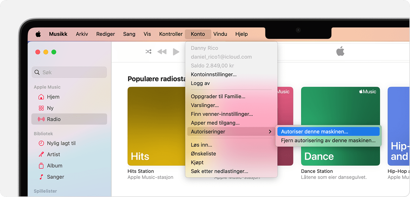 Apple Music-programmet på Mac som viser Autoriser denne maskinen eller Fjern autorisering av denne maskinen.