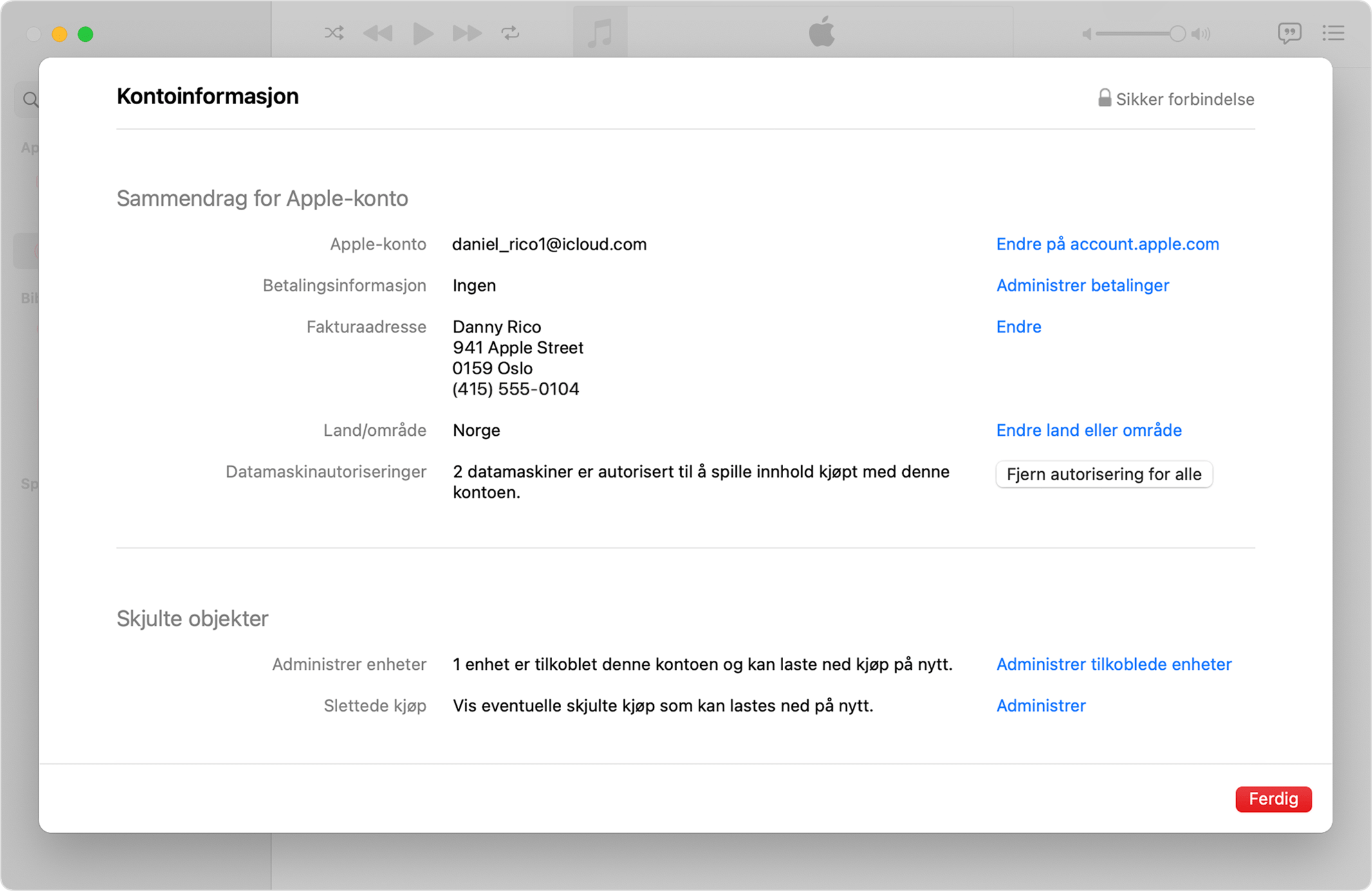 Apple Music-programmet på en Mac som viser Kontoinformasjon-siden og knappen Deauthorize All (fjern autoriseringen av alle)