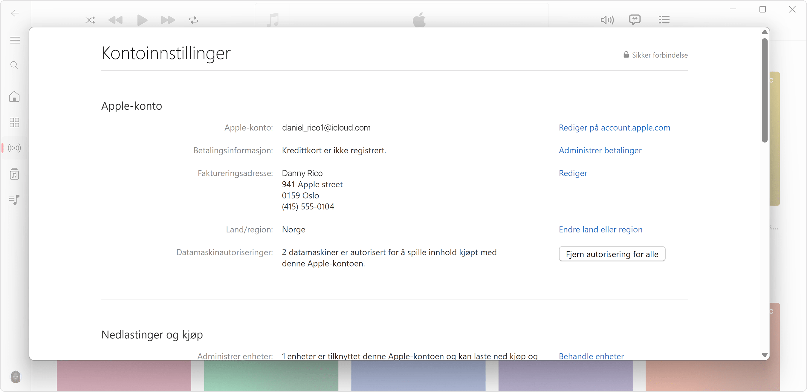 Apple Music-appen for Windows PC som viser Kontoinformasjon-siden og hvor mange datamaskiner som er autorisert