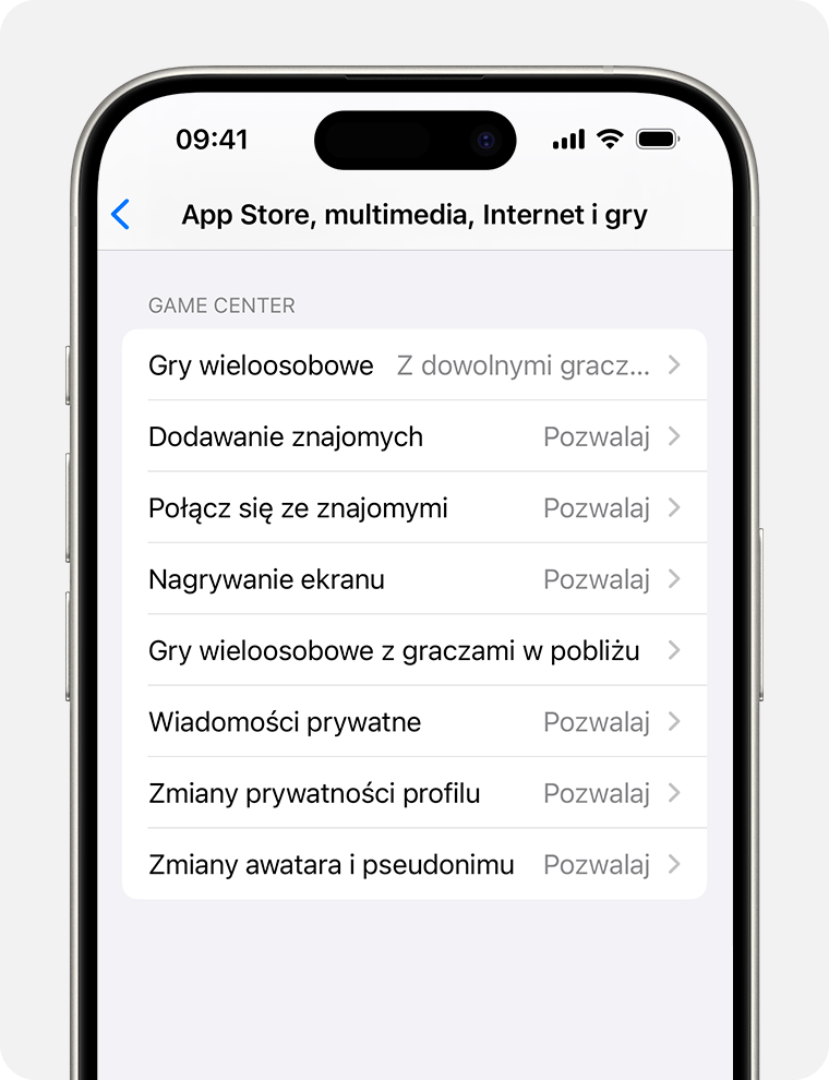 iPhone — ekran pokazujący opcje Ograniczeń treści w ramach nadzoru rodzicielskiego