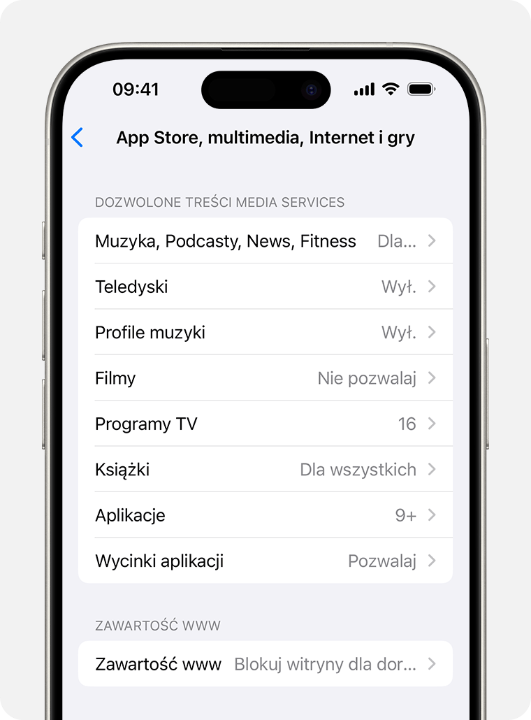 iPhone — ekran pokazujący opcje Ograniczeń treści