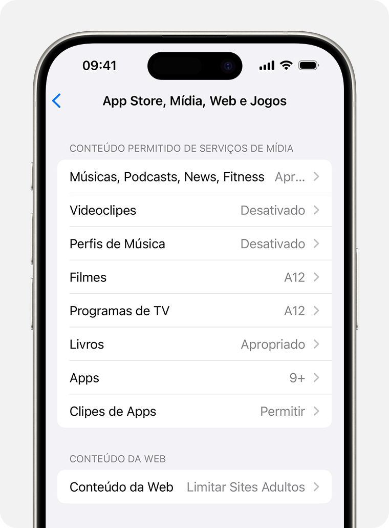 Tela do iPhone mostrando as opções de Restrições de Conteúdo