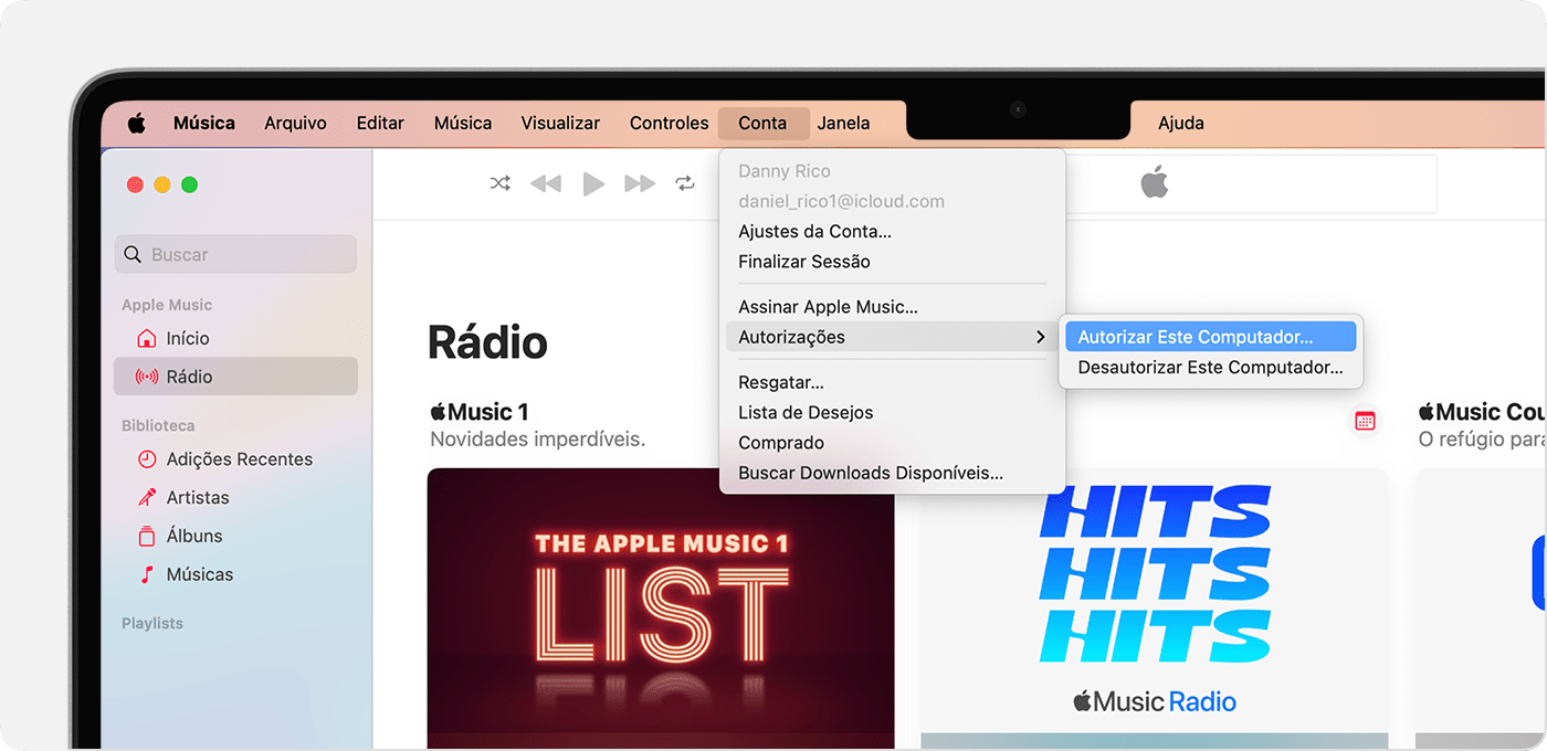 App Apple Music no Mac mostrando Autorizar Este Computador ou Desautorizar Este Computador