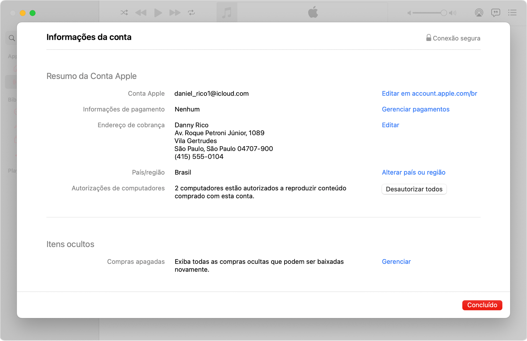 App Apple Music no Mac mostrando a página Informações da Conta e o botão Desautorizar Tudo