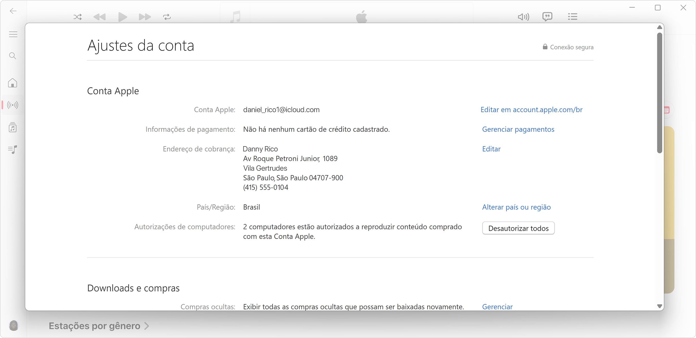 App Apple Music para PC com Windows mostrando a página Informações da Conta e quantos computadores estão autorizados