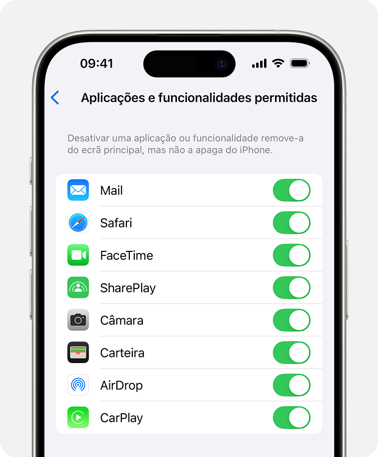 Ecrã do iPhone a mostrar Aplicações permitidas