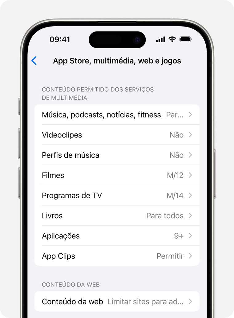 Ecrã do iPhone a mostrar as opções de Restrições de conteúdo