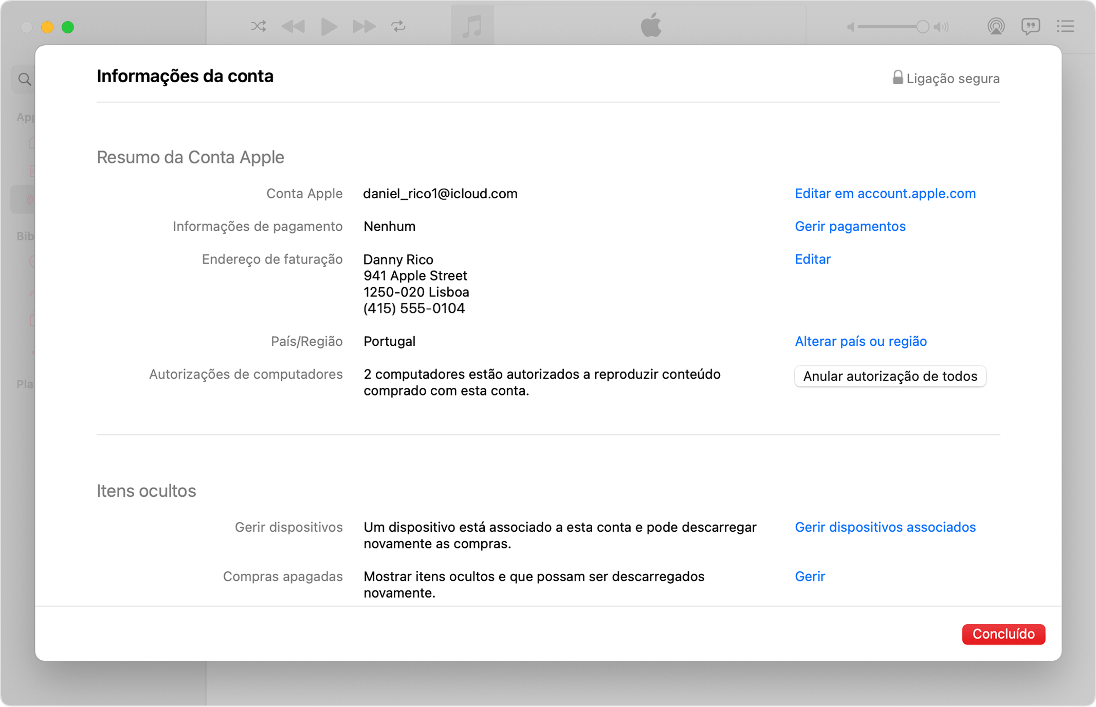 A app Apple Music no Mac a mostrar a página Informação da conta e o número de computadores autorizados