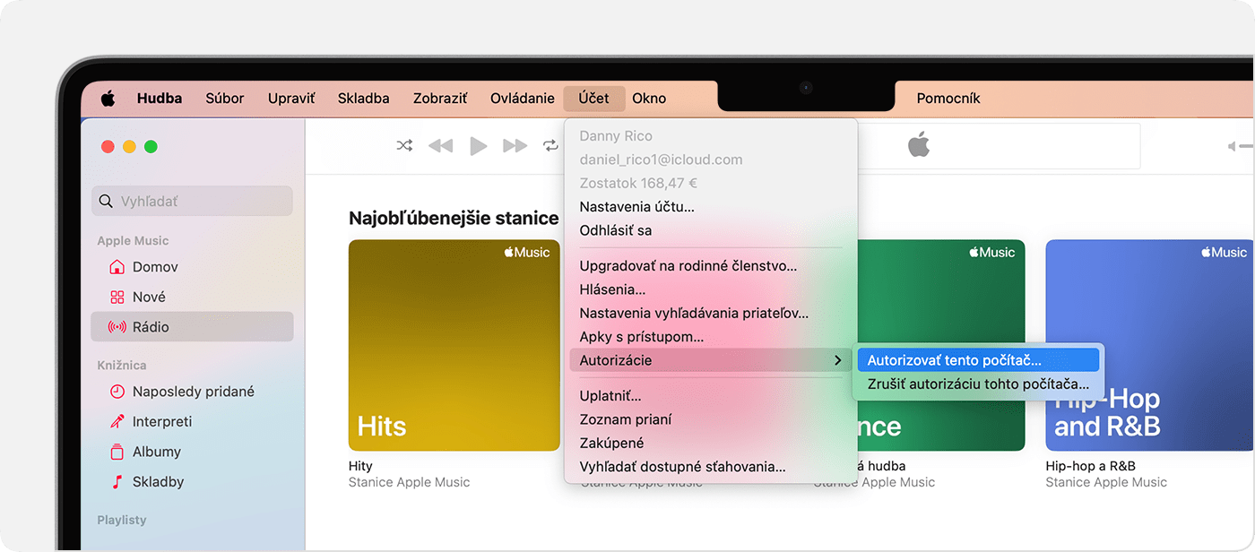 Apka Apple Music na Macu so zobrazenými položkami Autorizovať tento počítač a Zrušiť autorizáciu tohto počítača