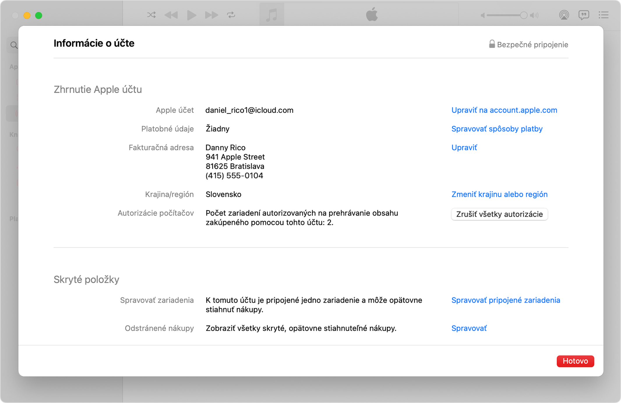 Apka Apple Music na Macu so zobrazenou stránkou Informácie o účte a tlačidlom Zrušiť autorizáciu všetkých