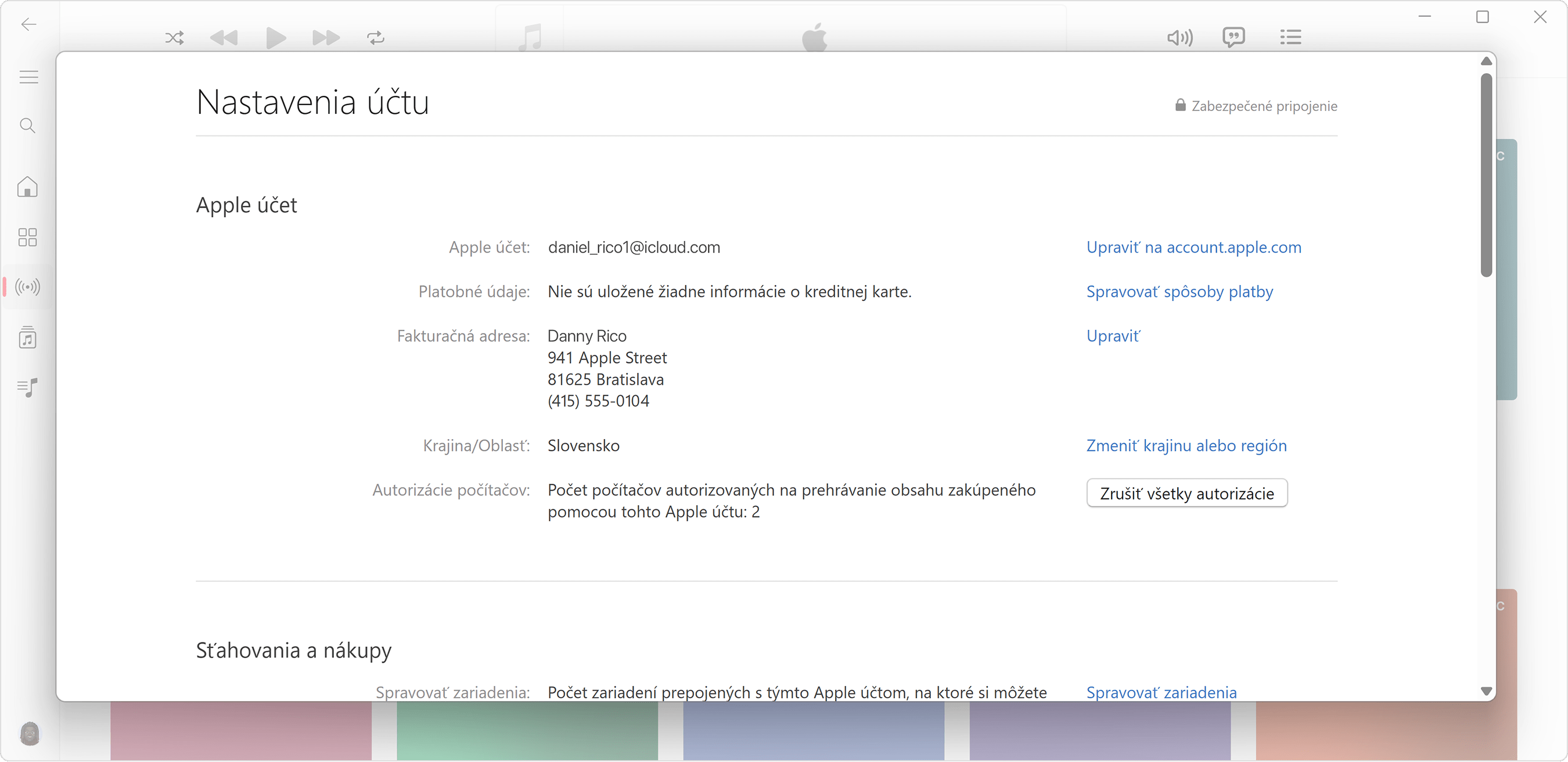 Apka Apple Music na PC s Windowsom so zobrazenou stránkou Informácie o účte a počtom autorizovaných počítačov