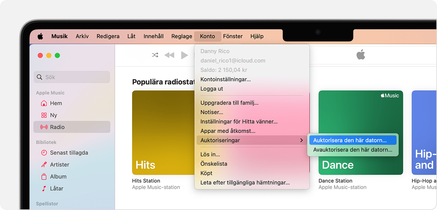 Apple Music-appen på Mac som visar Auktorisera den här datorn eller Avauktorisera den här datorn