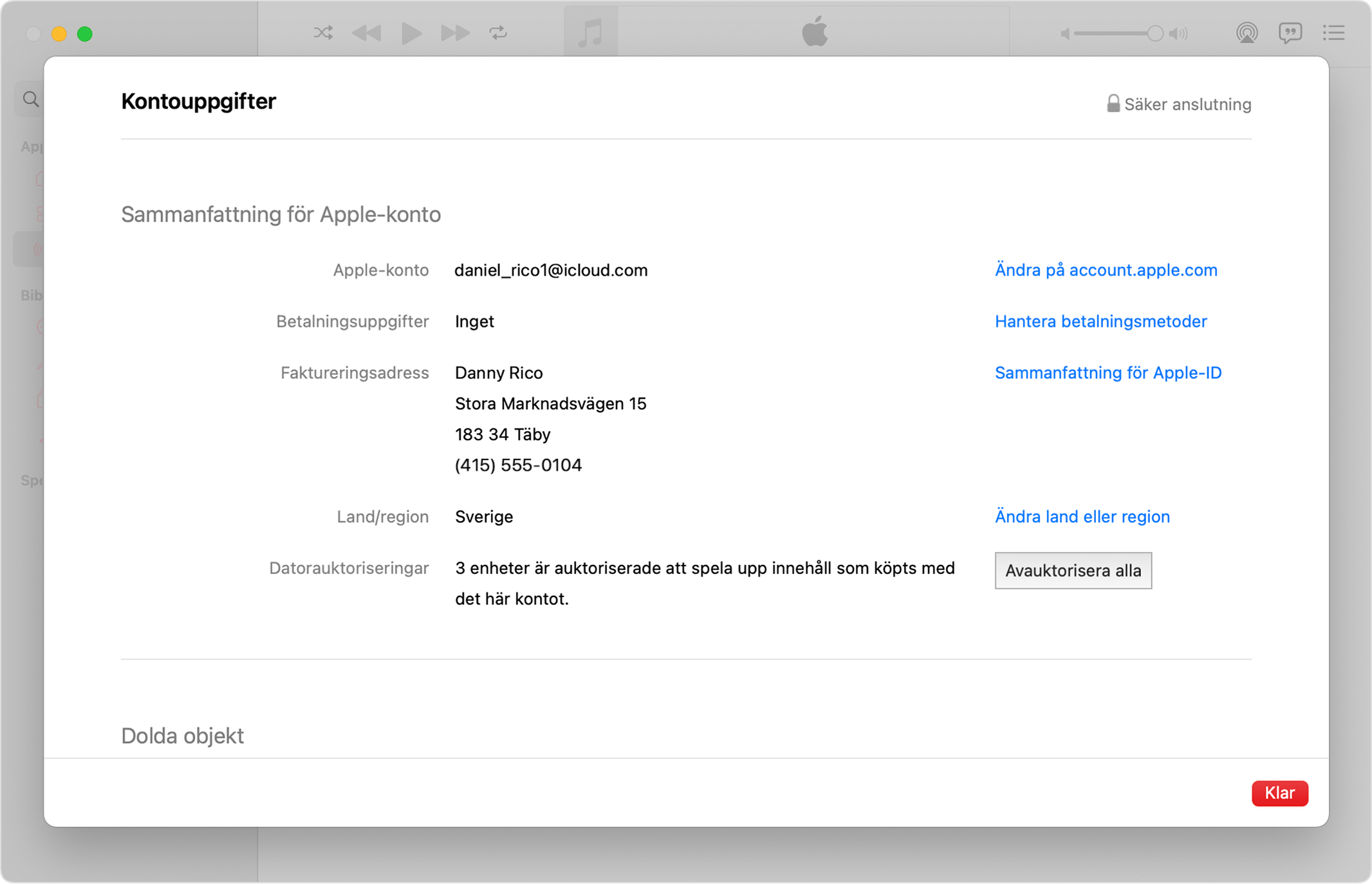 Apple Music-appen på Mac visar sidan Kontoinformation och knappen Avauktorisera alla