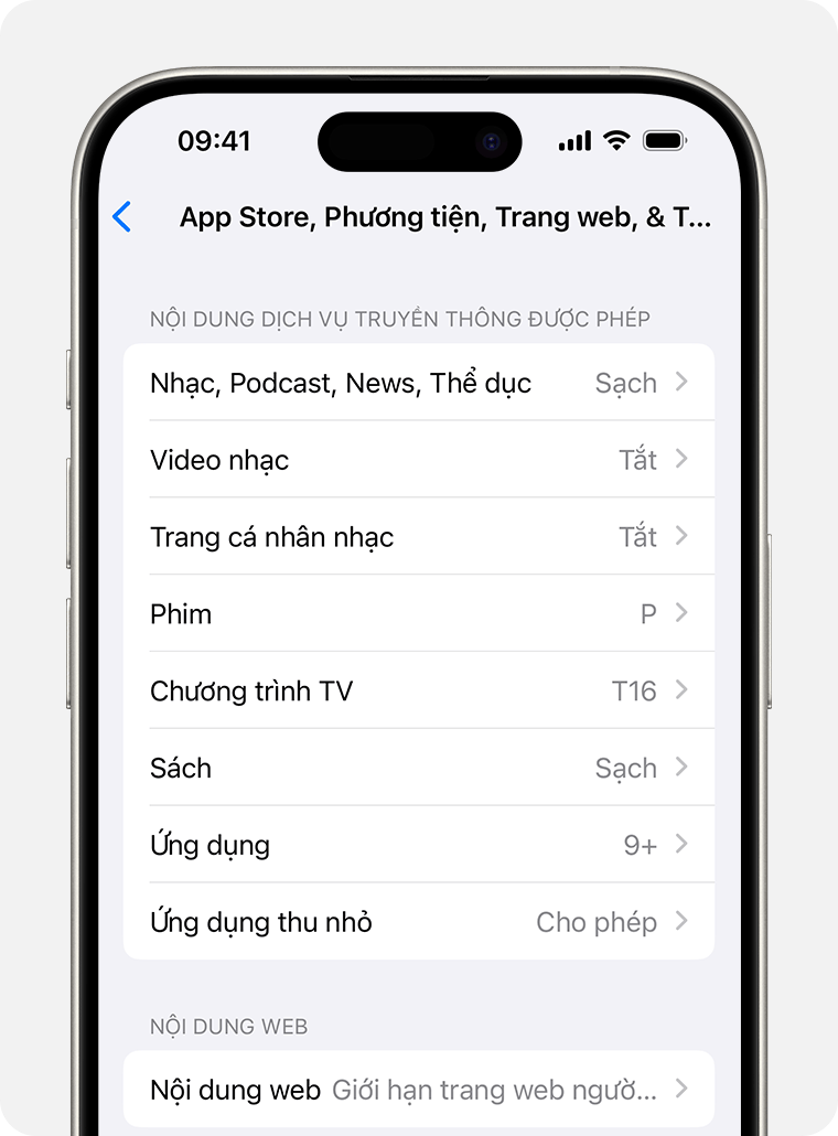 Màn hình iPhone hiển thị các tùy chọn Giới hạn nội dung