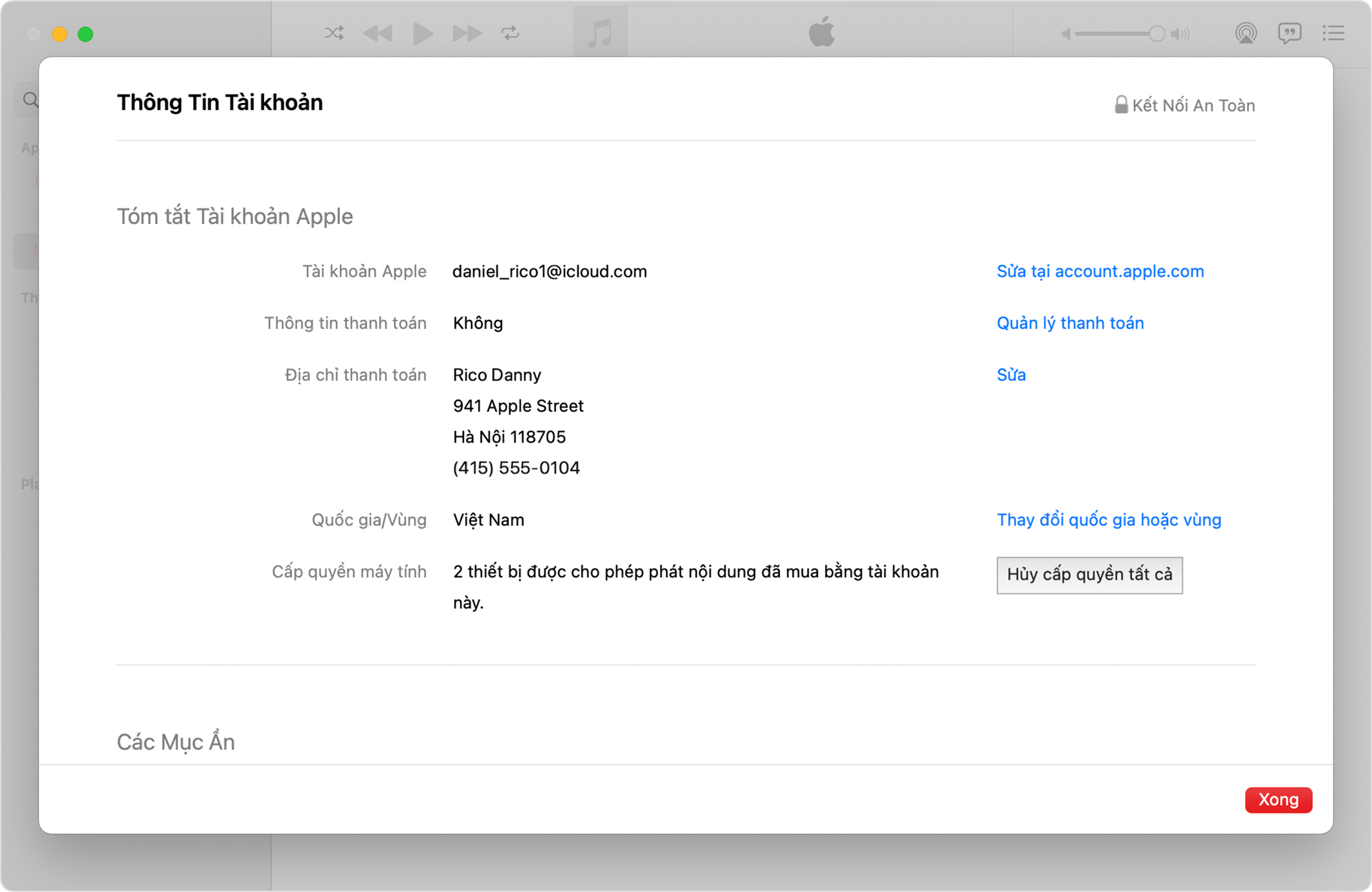 Ứng dụng Apple Music trên máy Mac hiển thị trang Thông tin tài khoản và nút Hủy cấp phép tất cả