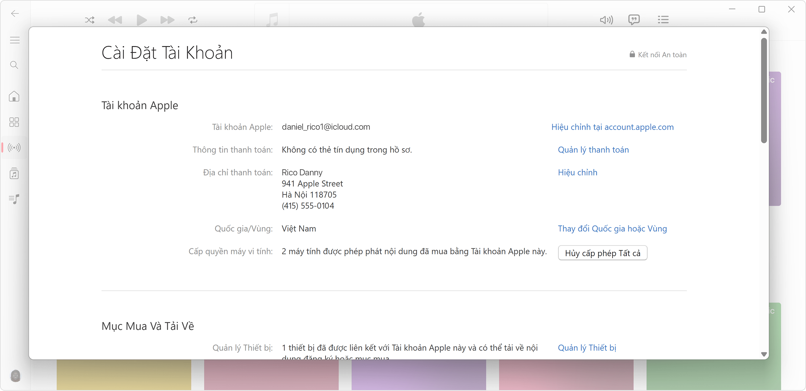 Ứng dụng Apple Music dành cho PC chạy Windows hiển thị trang Thông tin tài khoản và số lượng máy tính được cấp phép