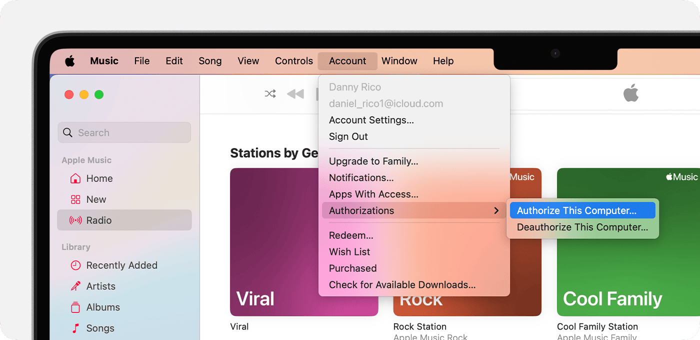 Apple Music app on Mac showing Authorize This Computer or Deauthorize This Computer