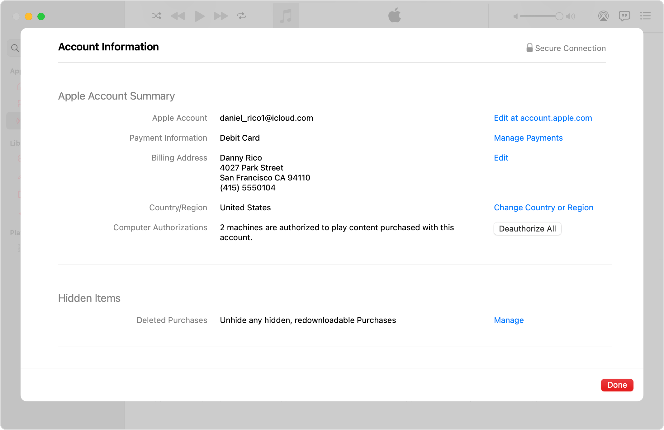 Apple Music app on Mac showing the Account Information page and the Deauthorise All button