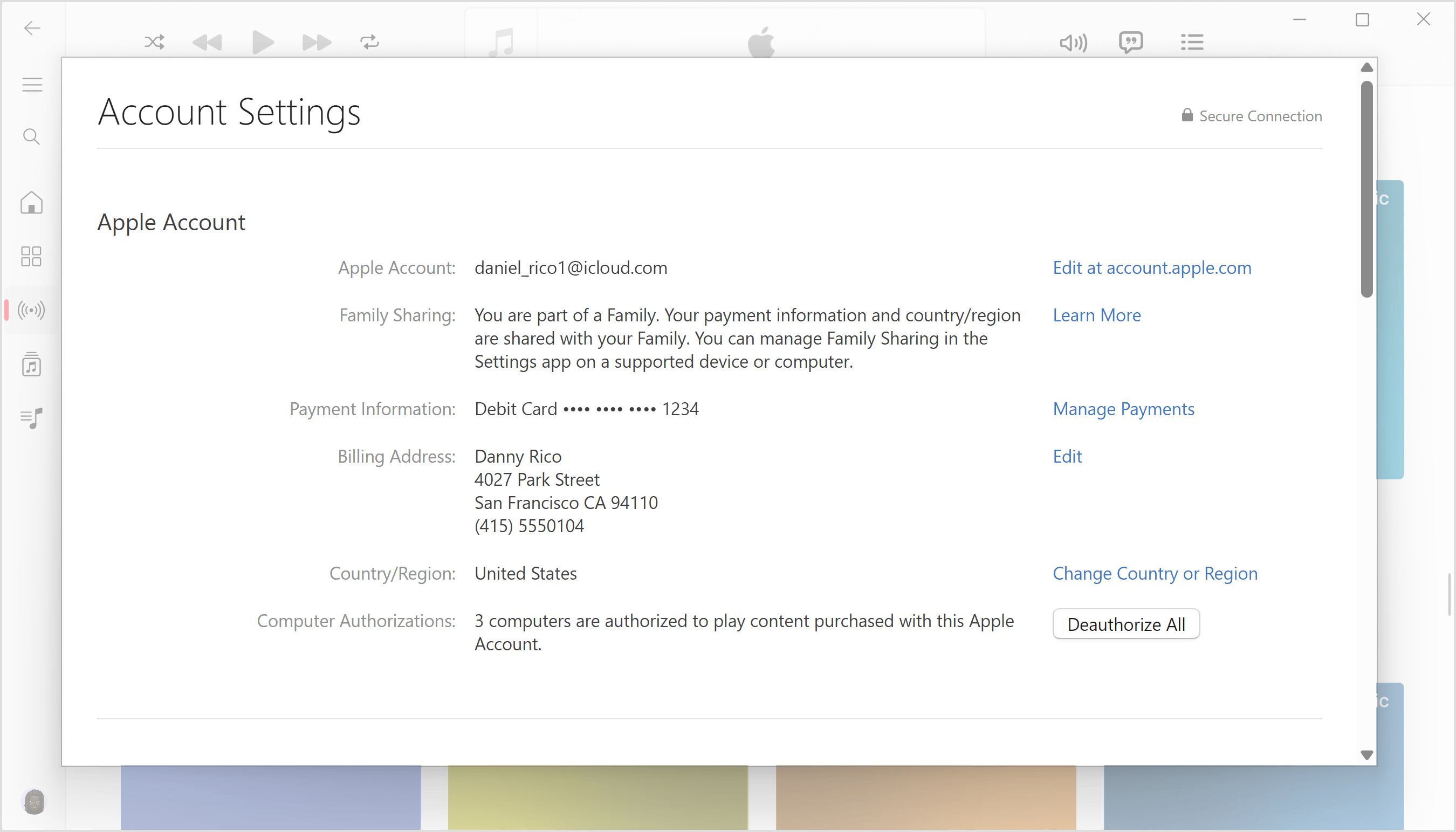 Apple Music app for Windows PC showing the Account Information page and how many computers are authorized