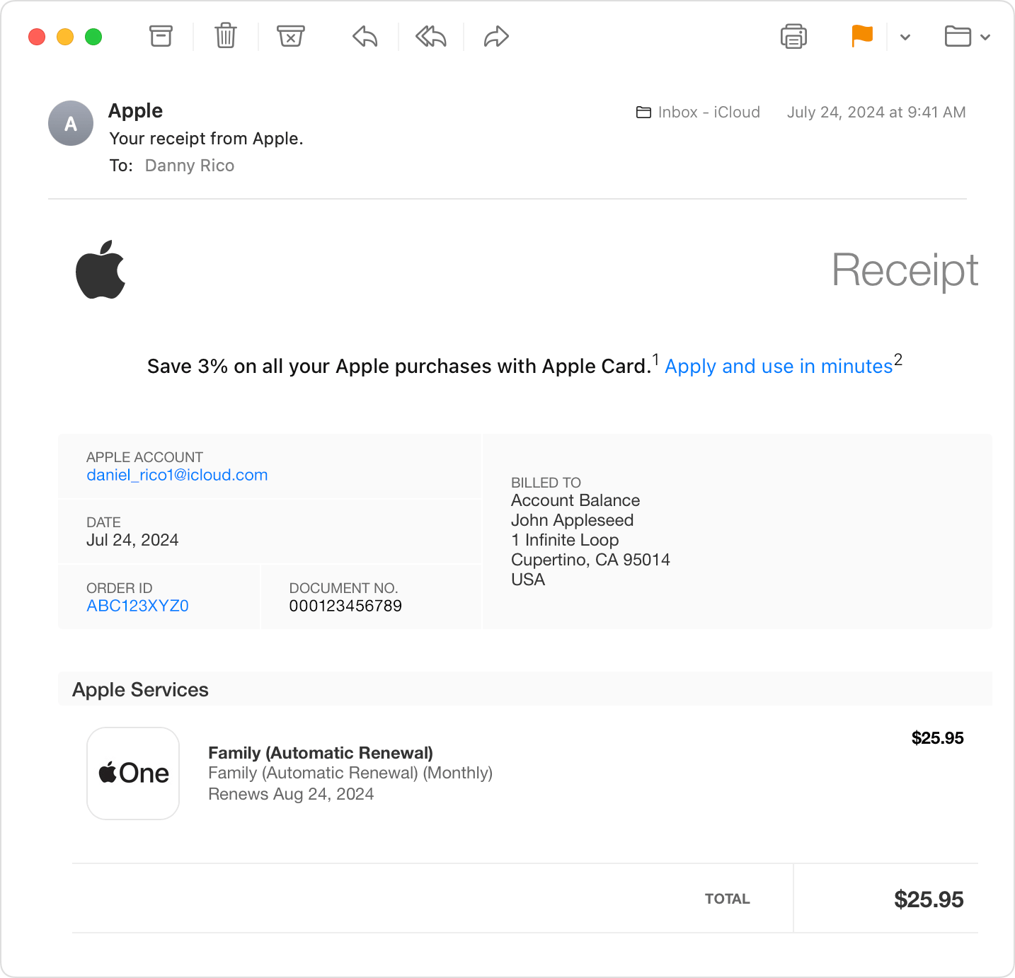 E-pasta ziņojums ar kvīti par Apple One abonementa iegādi.