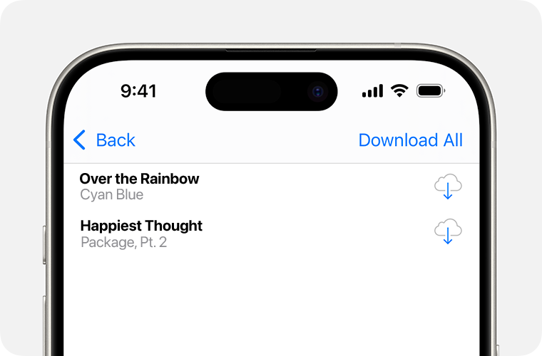 An iPhone displaying a list of songs you can re-download. The Download button is to the right, which is a cloud with an arrow pointing down in the middle of it.