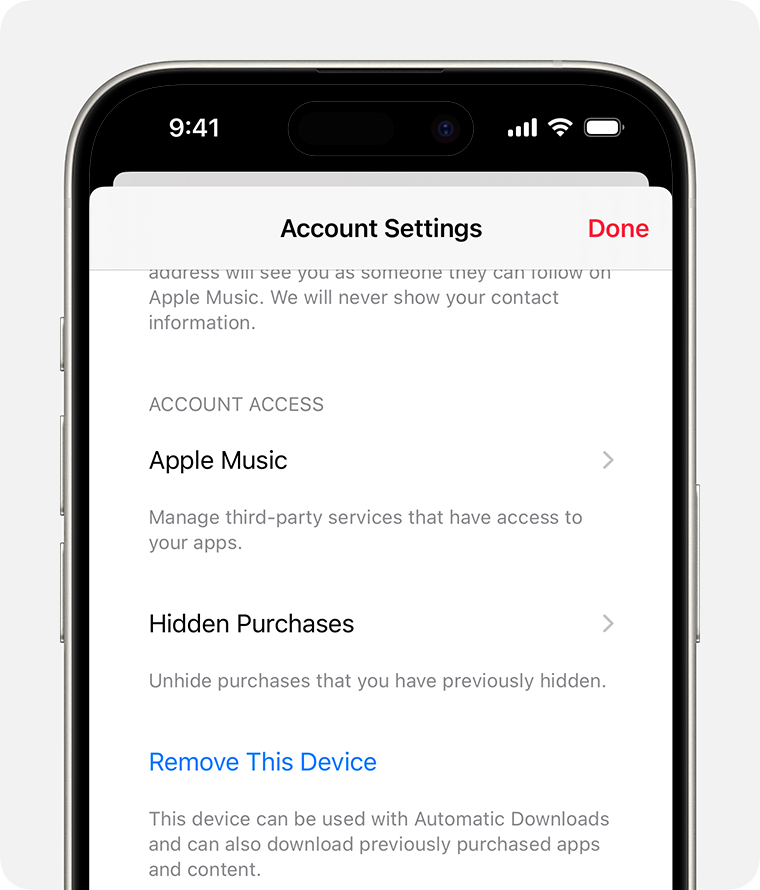 An iPhone showing the Account Settings screen in Apple Music. Hidden Purchases is in the middle of the screen.