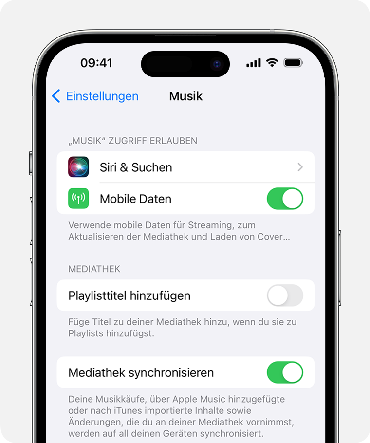 iPhone, auf dem „Mediathek synchronisieren“ in den Musikeinstellungen aktiviert ist.