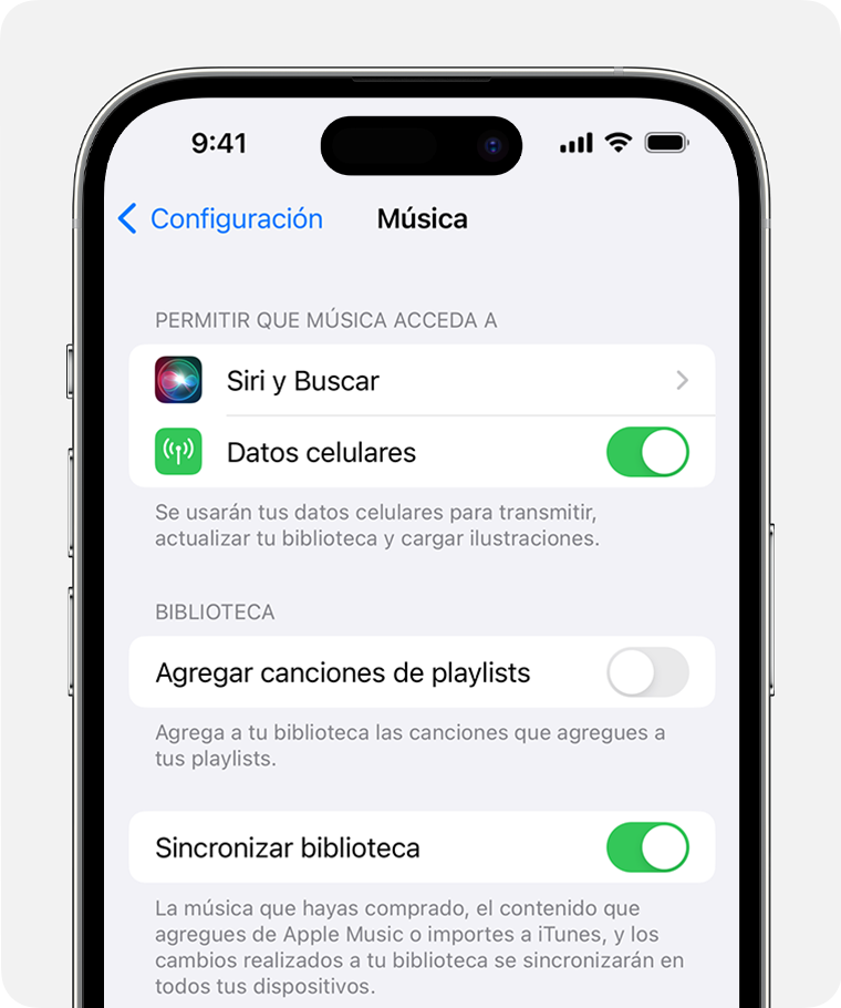 iPhone en el que se muestra la opción Sincronizar biblioteca activada en la configuración de Música.