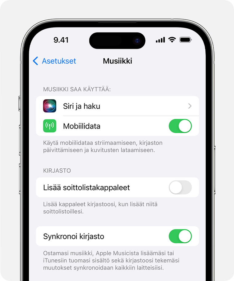 iPhone, jonka Musiikki-apin asetuksissa on otettu käyttöön kirjaston synkronointi