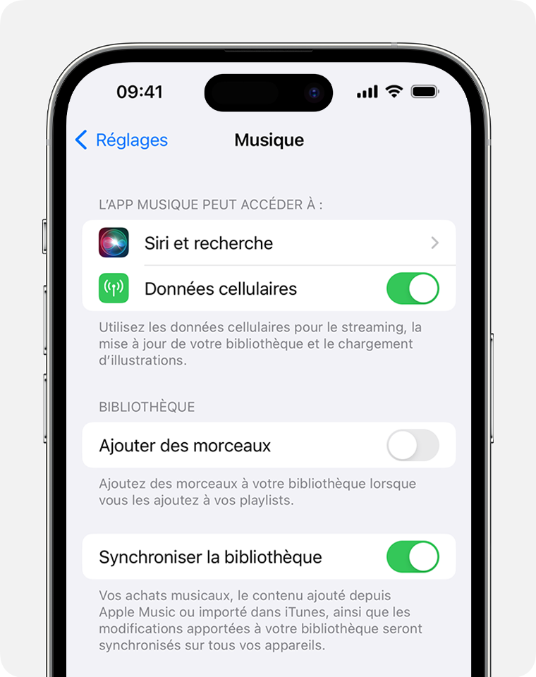 iPhone affichant la synchronisation de la bibliothèque activée dans les réglages de musique.