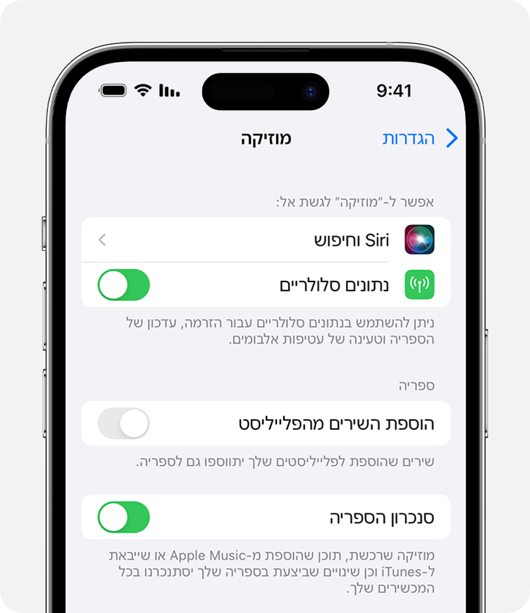 iPhone המציג את האפשרות 'סנכרן את הספריה' מופעלת ב'הגדרות מוזיקה'.