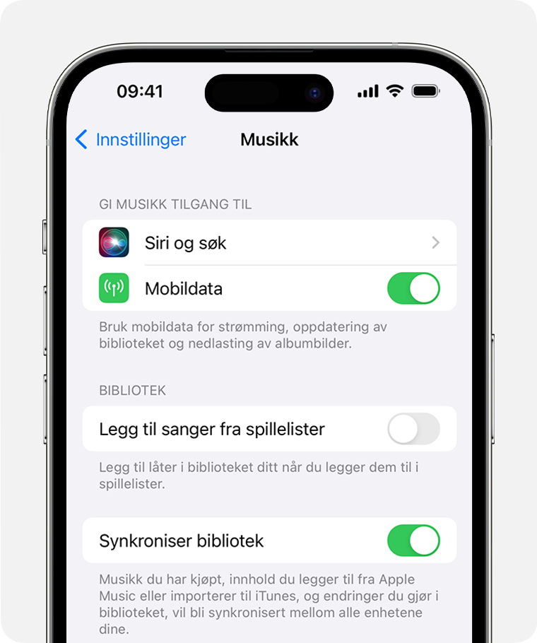 iPhone som viser at Synkroniser bibliotek er slått på i innstillingene for Apple Music.