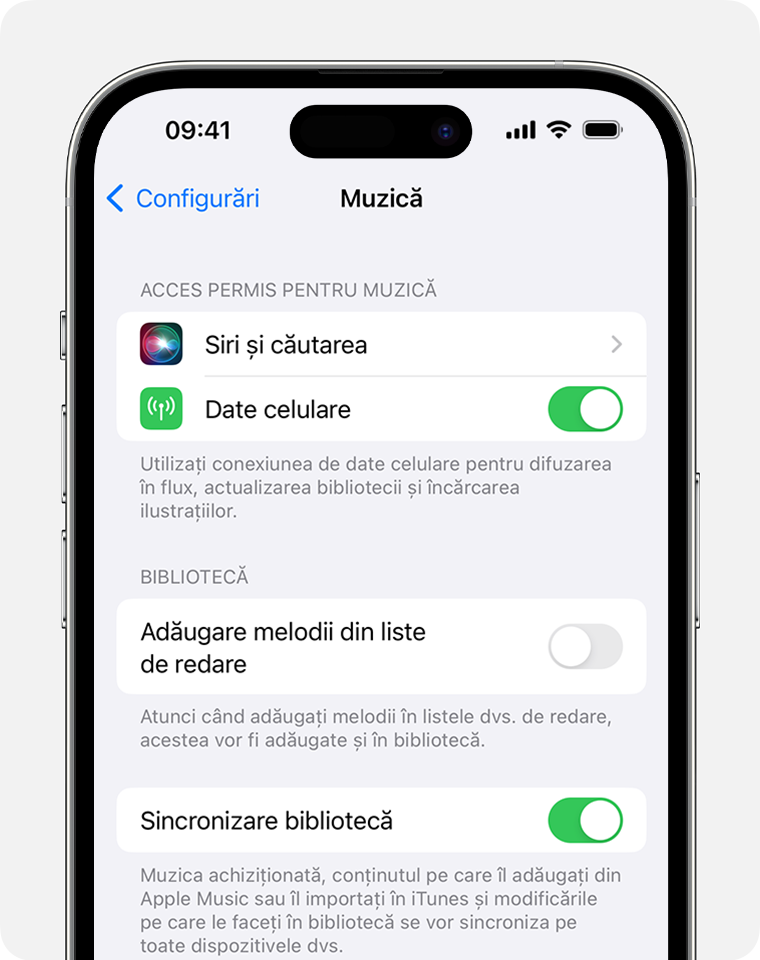 Un iPhone cu opțiunea Sincronizare bibliotecă activată în Configurări muzică.