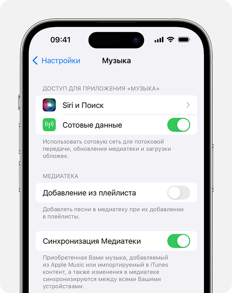 Устройство iPhone, на экране которого отображается параметр функции «Синхронизация Медиатеки», включенный в разделе «Настройки» приложения «Музыка».