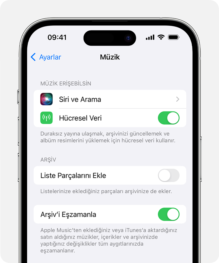 Müzik Ayarları'nda Arşiv'i Eşzamanla'nın açık olduğunu gösteren iPhone.