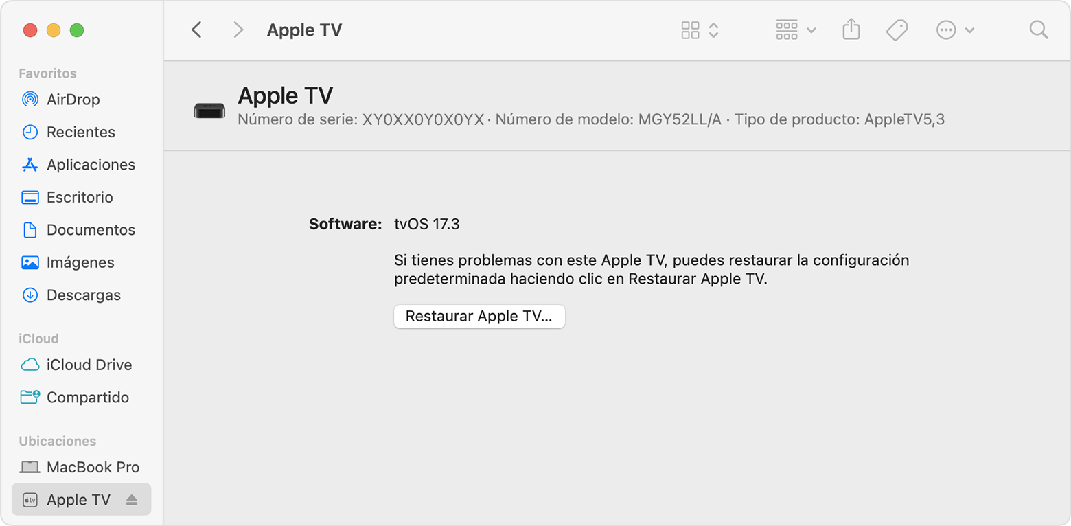 Aparece la ventana de restauración del Apple TV mientras está conectado a macOS