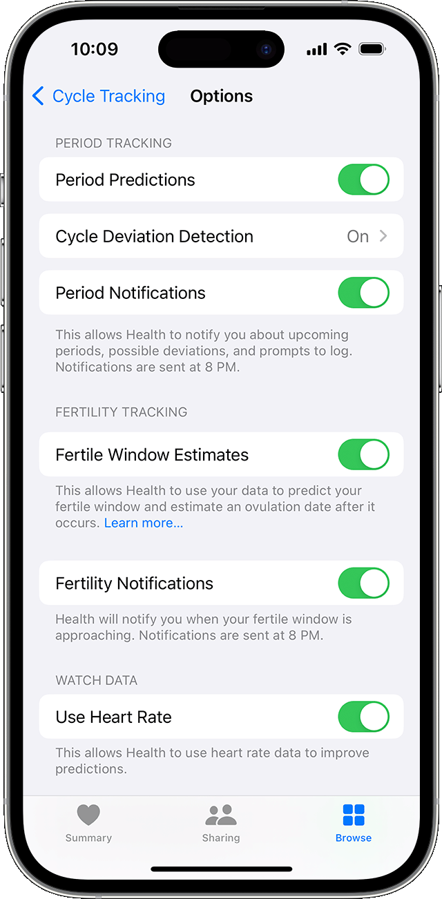 An iPhone that shows the options for Cycle Tracking such as Period Predictions and Fertility Notifications.