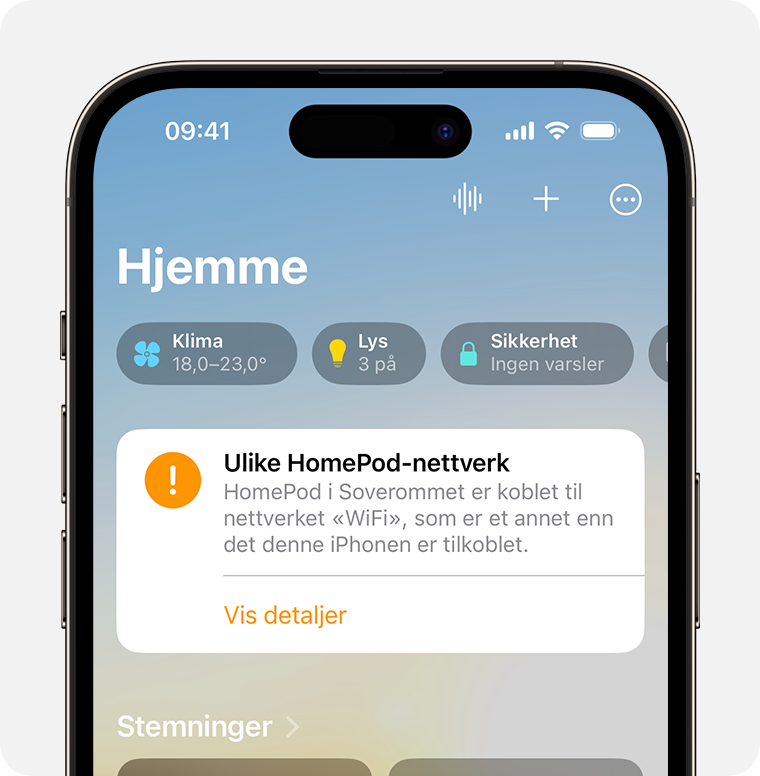 Varsling om manglende samsvar mellom HomePod-nettverk på iPhone