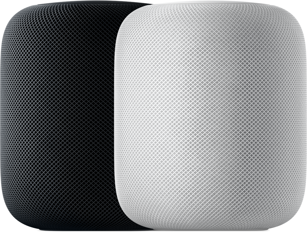 A space grey and a white HomePod (1st generation) sitting side by side.